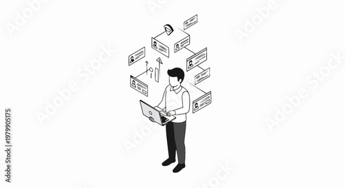 Isometric Illustration of a Professional Managing Digital Profiles and Data via Laptop