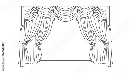 Elegant Stage Curtains with Swags and Tie-Backs in Detailed Line Art.