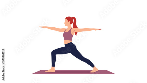 Athletic woman in a yoga warrior two pose on a purple mat practicing fitness and mindfulness on a clean white background.