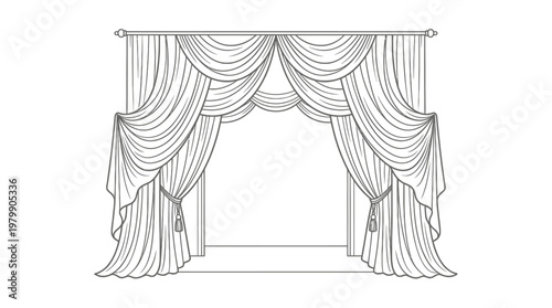 Elegant window curtains with intricate drapes and tassels.
