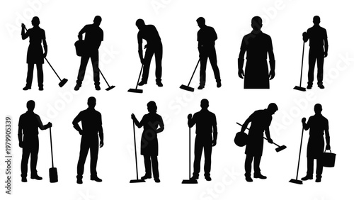 A collection of silhouette figures depicting various cleaning staff performing routine tasks with janitorial equipment high quality professional detailed modern elegant