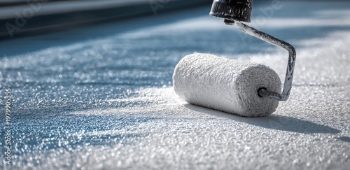 Close-up of a paint roller applying white paint to a textured surface.
