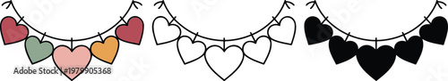 Featuring hanging heart garland silhouette & Outline and illustration set isolated on transparent background