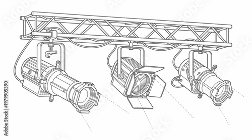 Line art drawing of three professional stage lights mounted on a metal truss structure, used for theatrical productions and events.
