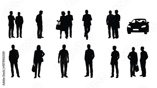 A collection of diverse black silhouettes depicts various people and a car suggesting business commuting and modern lifestyles high quality professional