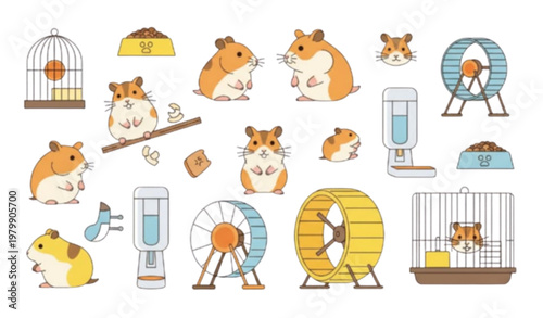 Cartoon Hamster Collection with Pet Cage Wheel Food and Care Accessories Vector Set