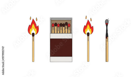Flat Match Collection Vector with Burning Matchstick Open Matchbox and Burnt Stick