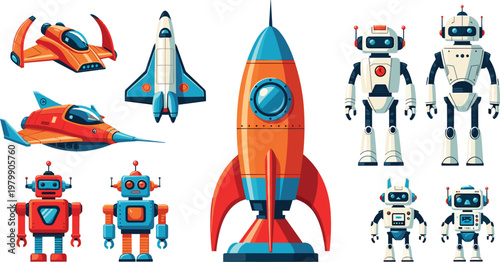 Futuristic Rocket and Space Technology Vector Illustration with Cartoon Spaceship, Launch Vehicle, and Sci Fi Elements for Aerospace and Exploration Design