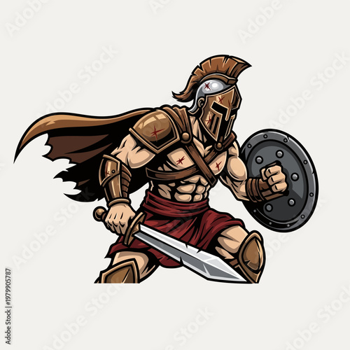 Mighty Spartan Warrior in Battle Gear with Sword and Shield.