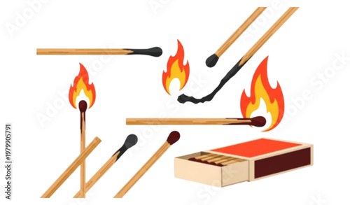 Modern Matchstick and Fire Vector Set with Burning Flame Open Box and Burnt Stick