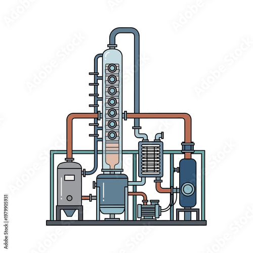 Industrial distillation column with piping, pump, and heat exchanger - chemical engineering