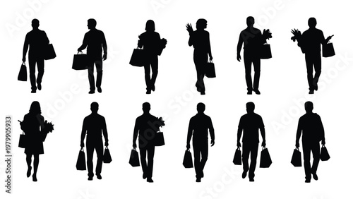 A collection of silhouetted figures mostly people carrying shopping bags walking in various directions high quality professional detailed modern elegant stylish