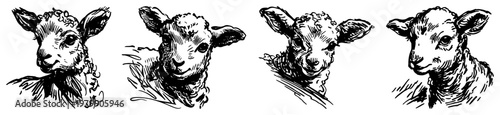 Lamb head portraits set with different expressions in vintage sketch style