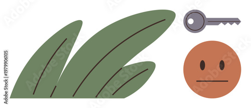 Nature, security, anonymity, emotion, access, minimalism. Green blades alongside a neutral facial expression and a silver key. Nature and security concepts