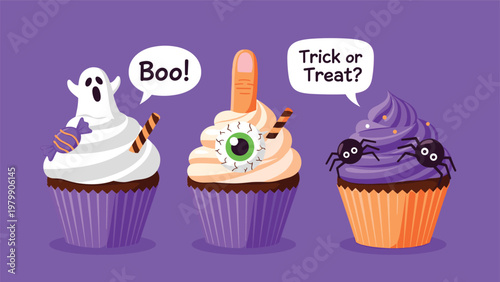 Three halloween cupcakes decorated with a ghost, an eyeball, and spiders on a purple background for spooky party.
