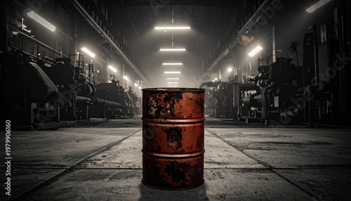 Rusty metal barrel in an industrial warehouse setting