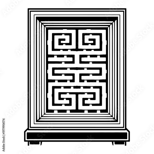 Decorative Asian geometric fretwork pattern within a square frame in black and white graphic style