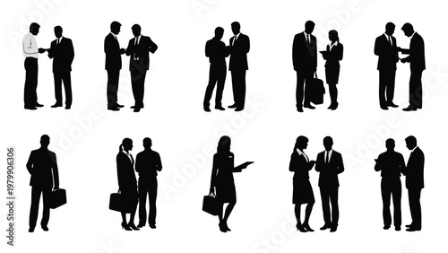 A collection of silhouette figures depicting business professionals interacting shaking hands and carrying briefcases high quality professional detailed modern elegant stylish