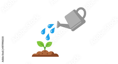 Watering can pouring water on seedling.
