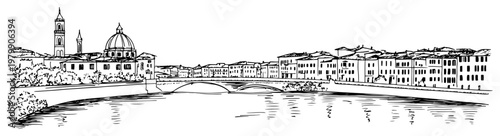 Florence skyline with Duomo cathedral and Arno river bridge in vintage sketch style