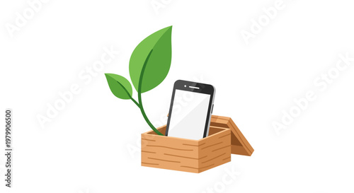 Wooden phone holder with green plant.