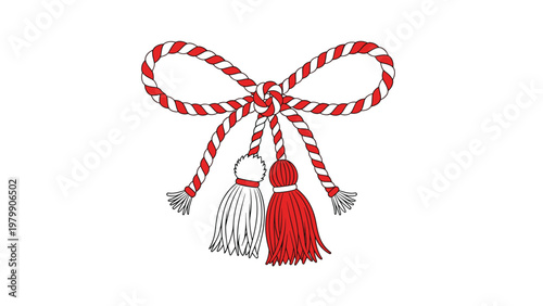 Traditional martisor with red and white twisted cord and tassels isolated on white for romanian spring holiday.
