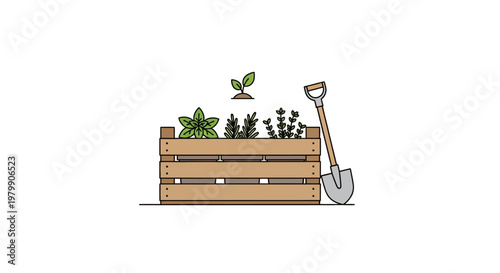 Wooden Planter Box with Shovel.