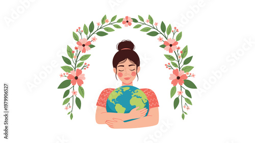 Young woman hugging the planet earth under a floral arch for ecology and environment protection awareness.