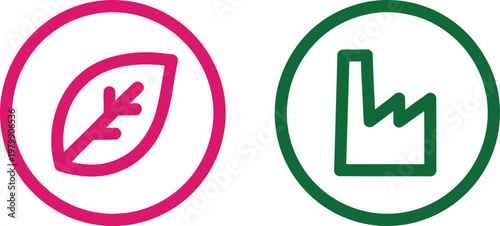 Sustainable manufacturing icons depicting nature conservation alongside industrial factory production for modern corporate environmental responsibility messaging