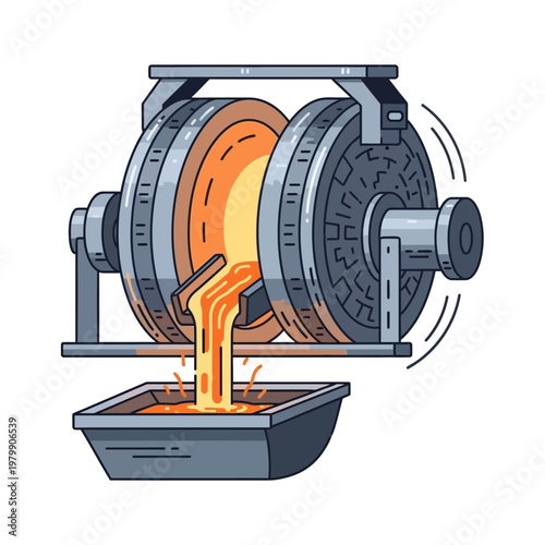 Industrial Foundry: Molten Metal Pouring into Mold from Rotating Furnace