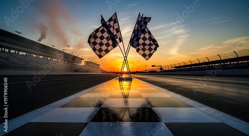 Victory at Sunset - Checkered Flags Waving on the Racetrack.