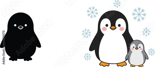 Cute Penguin Cartoon Characters Vector Illustration Set with Baby Penguin and Snowflakes, Winter Animal Design, Adorable Arctic Wildlife Elements