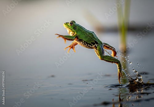 Fotografía Frog Leaping Over Water Surface in Mid-Air Action