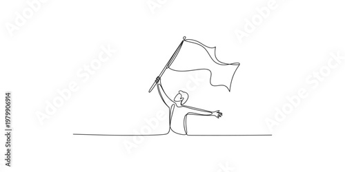 Person holding and waving a flag in a celebratory pose with one arm outstretched celebration