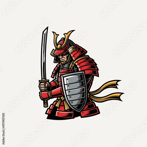 Powerful Samurai Warrior with Katana and Shield Illustration.