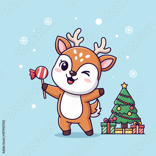 Cute cartoon reindeer holding a lollipop and winking next to a decorated Christmas tree with presents.