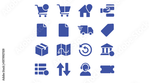 Collection of blue icons for business and logistics