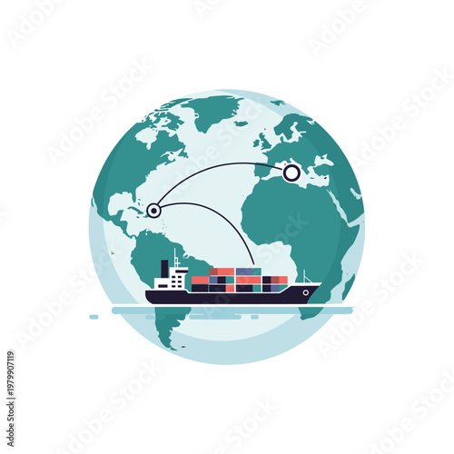 Global shipping container vessel navigating the seas with routes connecting continents on a stylized Earth.