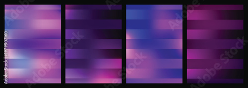 Set of dark purple and blue abstract blurred gradient backgrounds with horizontal stripes for futuristic posters and tech covers.
