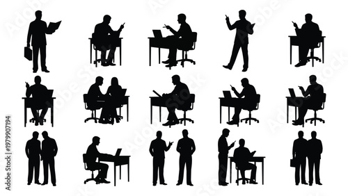 A collection of black silhouettes depicts diverse business professionals engaged in various office activities and interactions high quality professional detailed modern