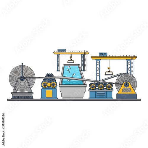 Industrial Steel Rolling Mill Production Line with Cranes and Water Tank
