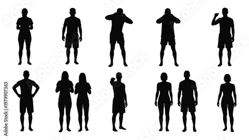 A collection of twelve black silhouettes depicts various human figures both male and female in standing poses high quality professional detailed