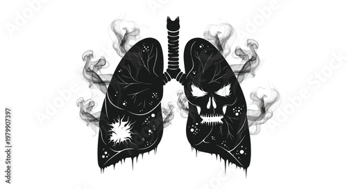 Smoking lungs with a skull design and smoke effects on white background clearly shown