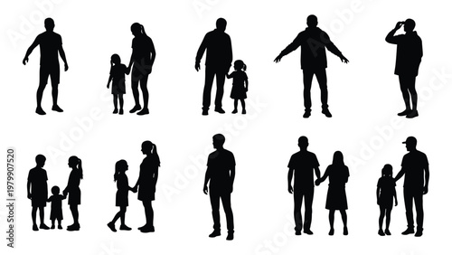 A collection of black silhouettes depicts diverse groups of people including families and individuals in various poses high quality professional detailed