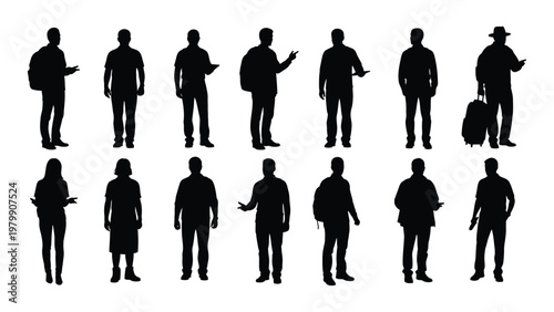 A collection of black silhouettes depicting diverse people in various casual poses and attire facing forward high quality professional detailed modern