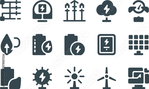 Sustainable energy collection featuring icons for renewable power sources like solar wind and battery storage systems