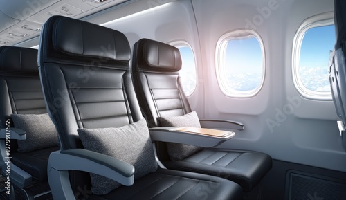 Comfortable Airplane Seats with Pillows and Window View.
