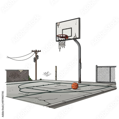 Urban Basketball Court with Hoop and Ball, Grungy Outdoor Game Area