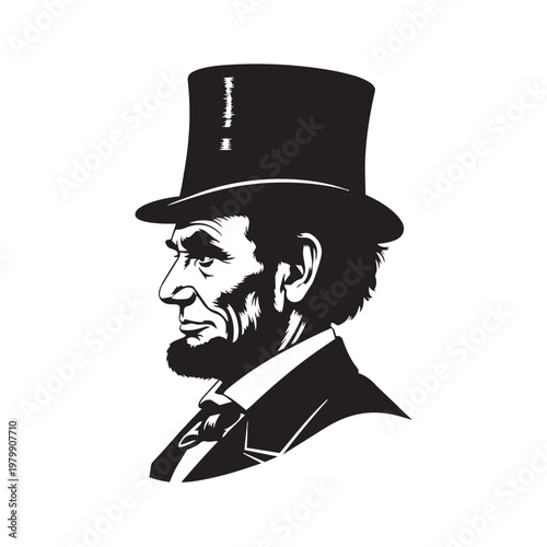 Abraham lincoln vector illustration silhouette profile of historic american president wearing traditional stovepipe hat in classic art style.