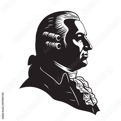 Founding father profile vector silhouette of american revolutionary leader with powdered wig and neck cravat in classic monochrome art style.